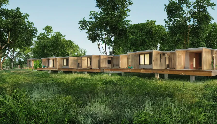 Image similar to A wide image of an eco-community neighborhood of innovative contemporary 3D printed prefab sea ranch style cabins with rounded corners and angles, beveled edges, made of cement and concrete, organic architecture, in a lush green eco community with side walks, parks and public space , Designed by Gucci and Wes Anderson, golden hour