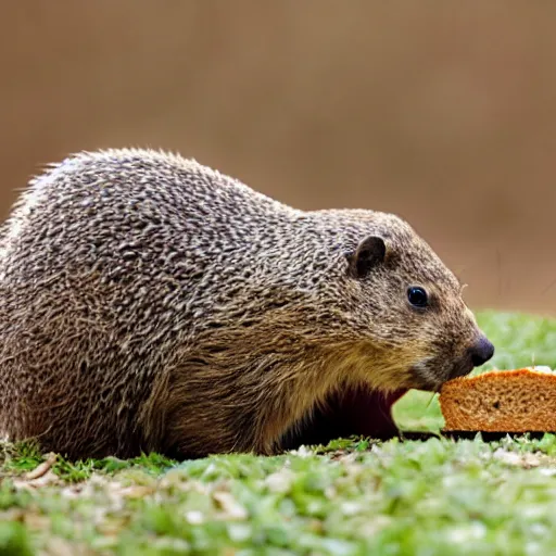 Prompt: a groundhog eating bread