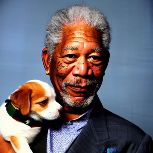 Image similar to Morgan Freeman holding a puppy for a 1990s sitcom tv show, Studio Photograph, portrait C 12.0