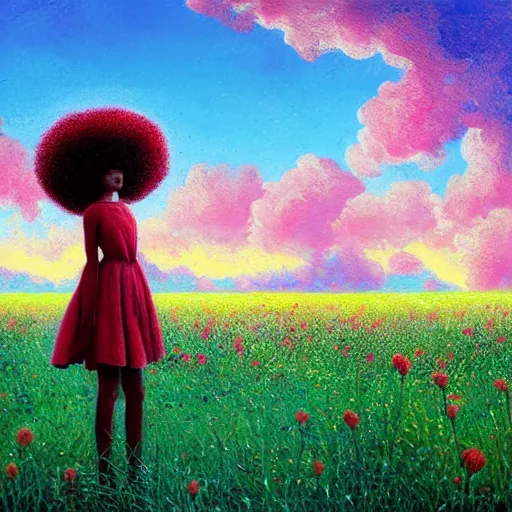 Prompt: girl with afro made of red flower, standing in a field with flowers, surreal photography, hills, big trees, sunrise dramatic light, impressionist painting, colorful clouds, digital painting, pointillism, artstation, simon stalenhag