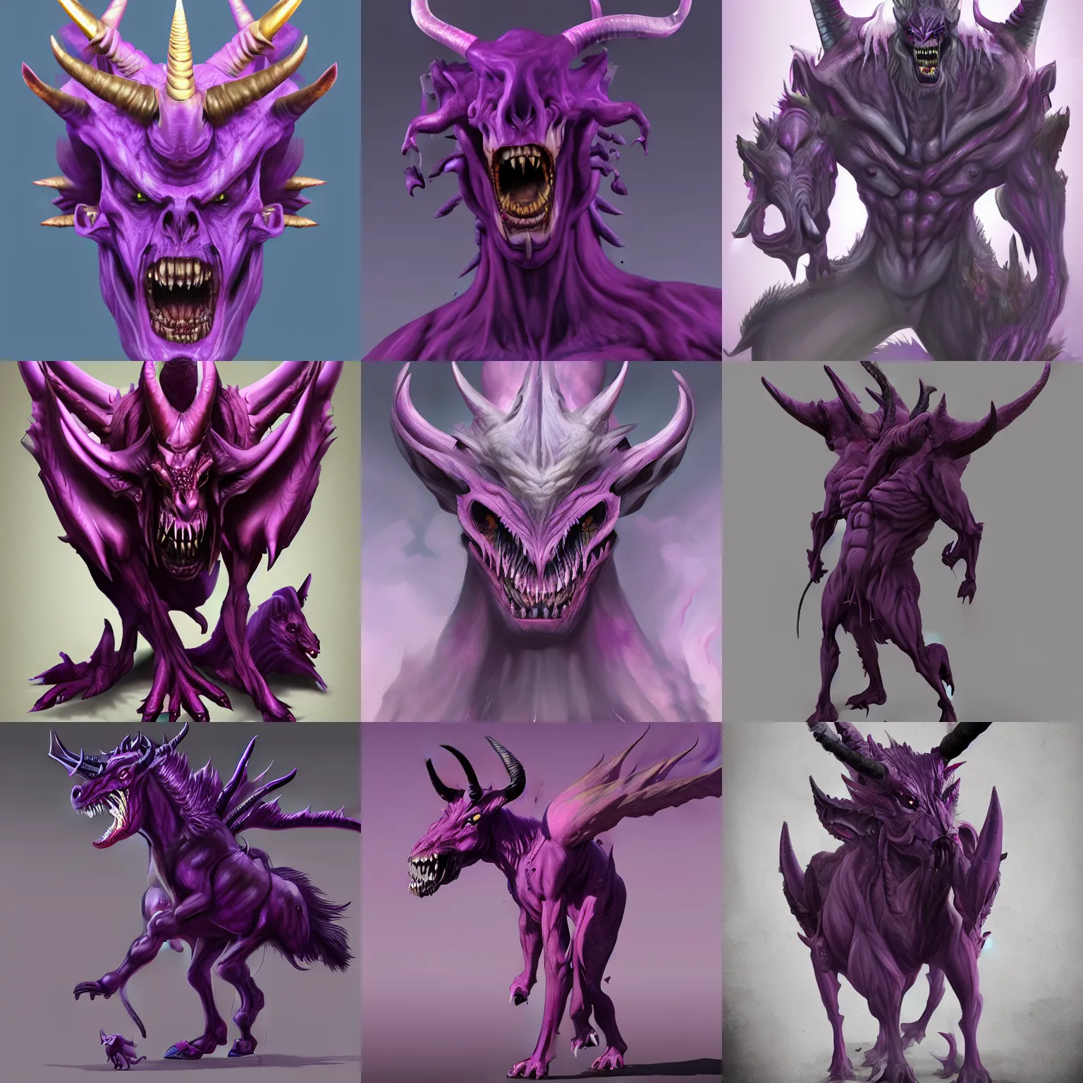 Image similar to a demonic creature that resembles a large, purple, horned centaur with an elongated skull and many sharp teeth by keita okada, trending on artstation.