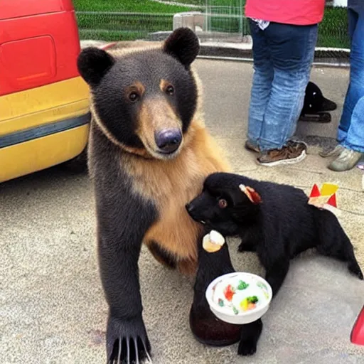 Prompt: a cool bear handing ice cream out to needy puppies