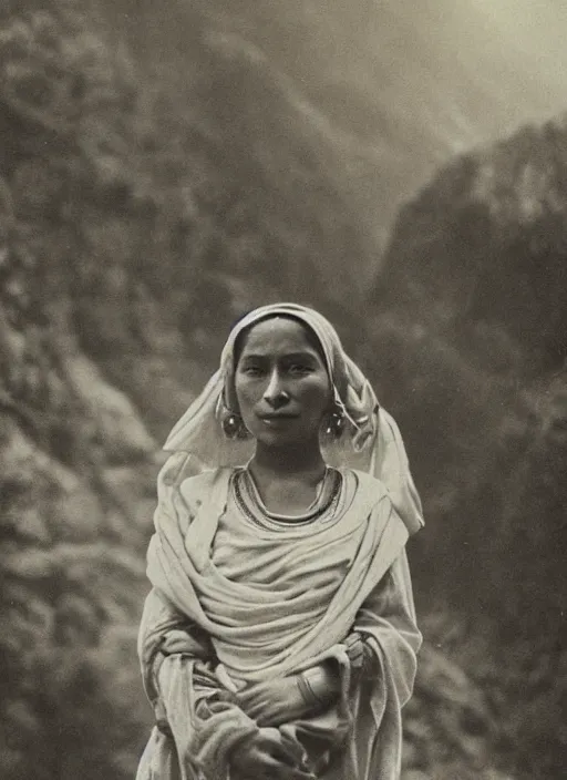 Image similar to vintage_portrait_photo_of_a_beautiful_beautifully_lit_nepalese_Victorian_woman_in_a_lush_valley_with_a_tibetan_monastery_on_a_rock_in_the_background