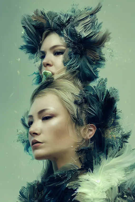 Image similar to A fancy portrait of a women covered in feathers by Greg Rutkowski, beeple, Sung Choi, Mitchell Mohrhauser, Maciej Kuciara, Johnson Ting, Maxim Verehin, Peter Konig, final fantasy, macro lens, 35mm, 8k photorealistic, cinematic lighting, HD, high details, dramatic, dark atmosphere, trending on artstation