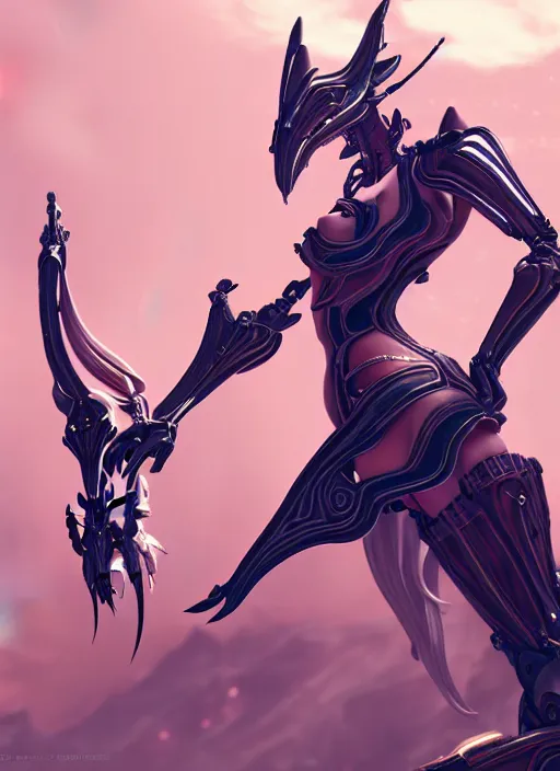 Image similar to extremely detailed giantess shot, front shot, of a goddess saryn warframe, that's a giant beautiful stunning anthropomorphic robot female dragon with metal cat ears, sitting elegantly on a mountain, detailed sharp robot dragon claws, robot dragon feet, streamlined pink armor, thick warframe thighs, long elegant tail, detailed warframe fanart, destiny fanart, high quality digital art, giantess art, furry art, 3D realistic, warframe art, Destiny art, furaffinity, DeviantArt, artstation, 8k HD, octane render