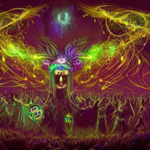 Prompt: hedonic festival of ephemeral eldritch beings, rave, high energy, in motion, cosmic imagery, intense emotion, fantasy concept art