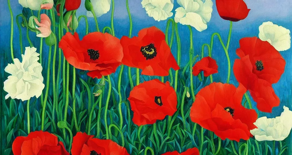 Prompt: beautiful oil painting of poppies and peonies by Georgia O'Keeffe