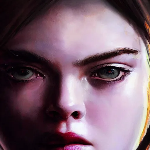 Prompt: ultra realistic portrait painting of elle fanning in ghost in the shell, art by frank frazetta, 4 k, ultra realistic, highly detailed, epic lighting