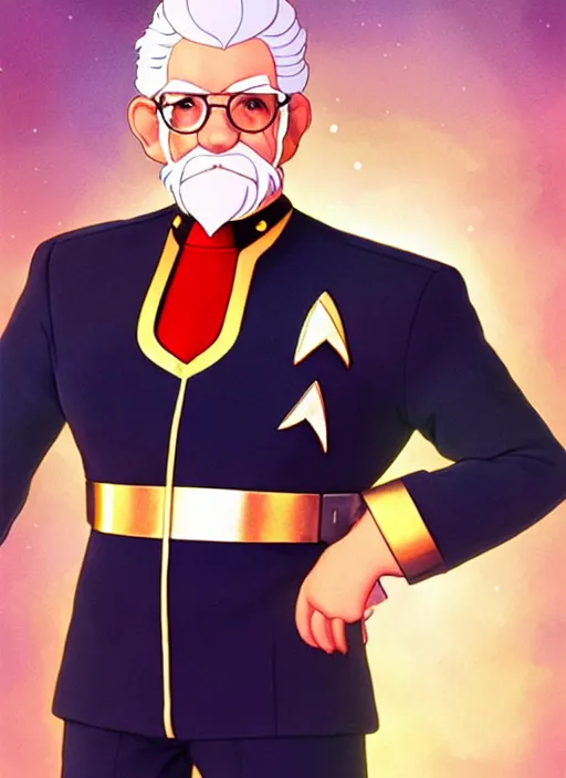 Image similar to cute star trek officer colonel sanders, natural lighting, path traced, highly detailed, high quality, digital painting, by don bluth and ross tran and studio ghibli and alphonse mucha, artgerm