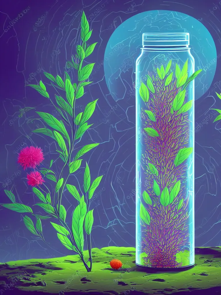 Prompt: concept art. illustration. sci - fi. multicolour strange weird plants and flowers from a different planet in a closed jar. plain background. high sci - fi. holographic, beautiful, ethereal