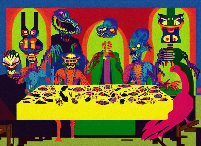 Prompt: pixel decollage painting last supper image of armored zombie yakuza alien reptile family in baroque clothes in an mid century broken rainbow japanese restaurant feasting over pixelated brain and mushrooms salad and roasted human face roasted rainbow flamingo pizza dishes and drinking various blue drinks, smoking and bickering, painted by Mark Rothko, Helen Frankenthaler, Danny Fox and Hilma af Klint, pixelated, neo expressionism, semi naive, rich deep colors, cinematic, color field painting, cave painting, voxel, pop art look, outsider art, minimalistic. Bill Traylor painting, part by Philip Guston and Francis Bacon. art by Adrian Ghenie, very coherent symmetrical artwork, cinematic, hyper realism, high detail, octane render, unreal engine, Smooth gradients, depth of field, full body character drawing, extremely detailed, 8k, extreme detail, intricate detail, masterpiece