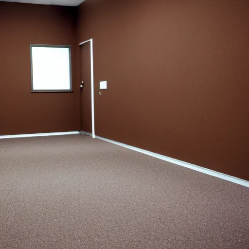Prompt: randomized empty 9 0 s office with no windows or doors, brown moist carpet, off - white wallpaper