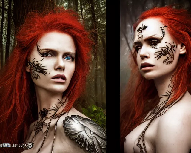 Prompt: 5 5 mm portrait photo of an armored gorgeous anesthetic redhead woman warrior with a face tattoo and wing growing from her head, in a magical forest in the style of stefan kostic, art by luis royo. highly detailed 8 k. intricate. lifelike. soft light. nikon d 8 5 0. cinematic post - processing