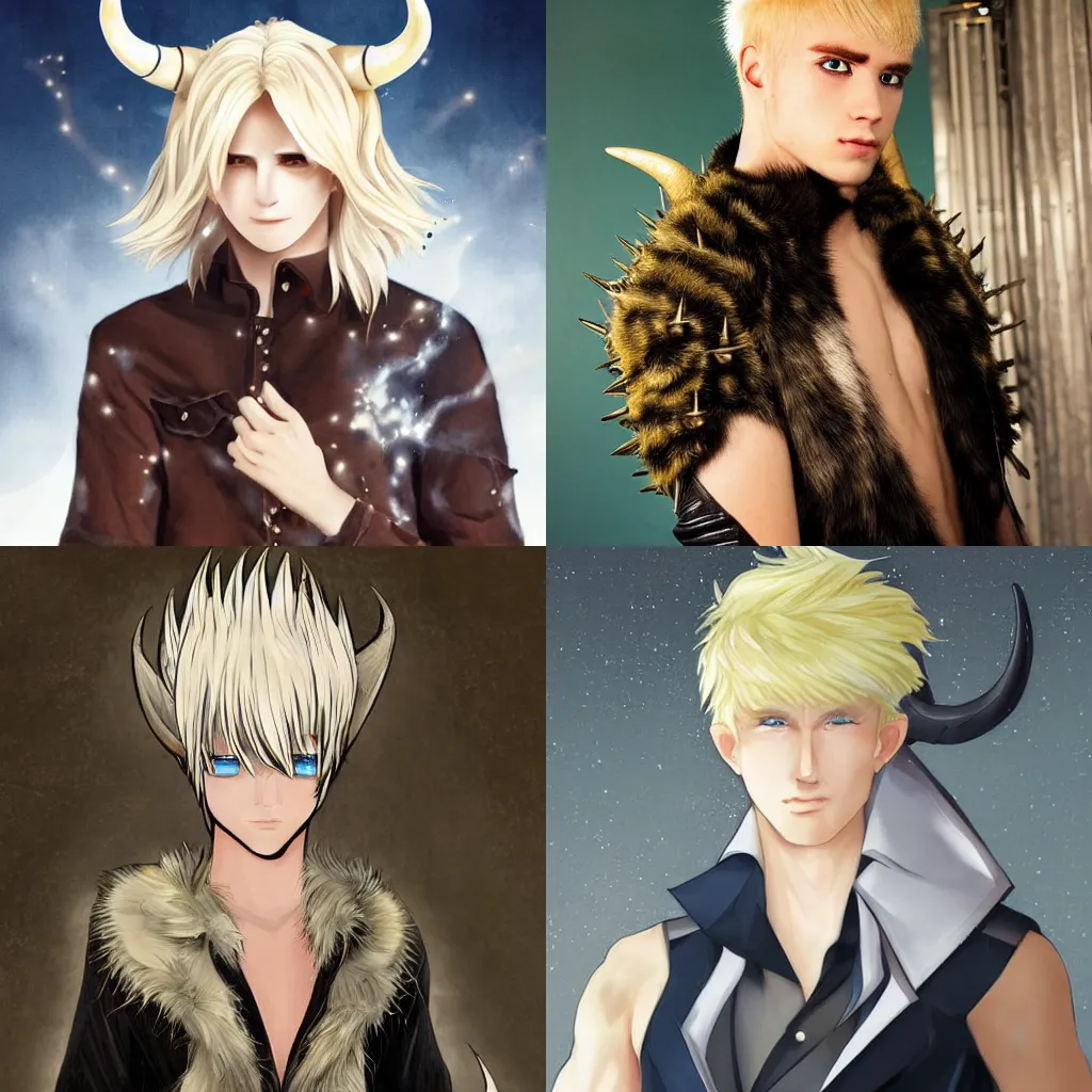 Prompt: a blond young man with luminescent glittering blue eyes and demon horns and a spiked tail. Xiao Tong