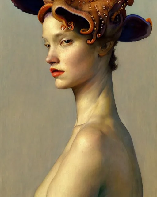 Image similar to a beautiful girl wearing an octopus as a hat, painted by edgar maxence, edward hopper, wayne barlowe and james gilleard, airbrush, art by jamesjean