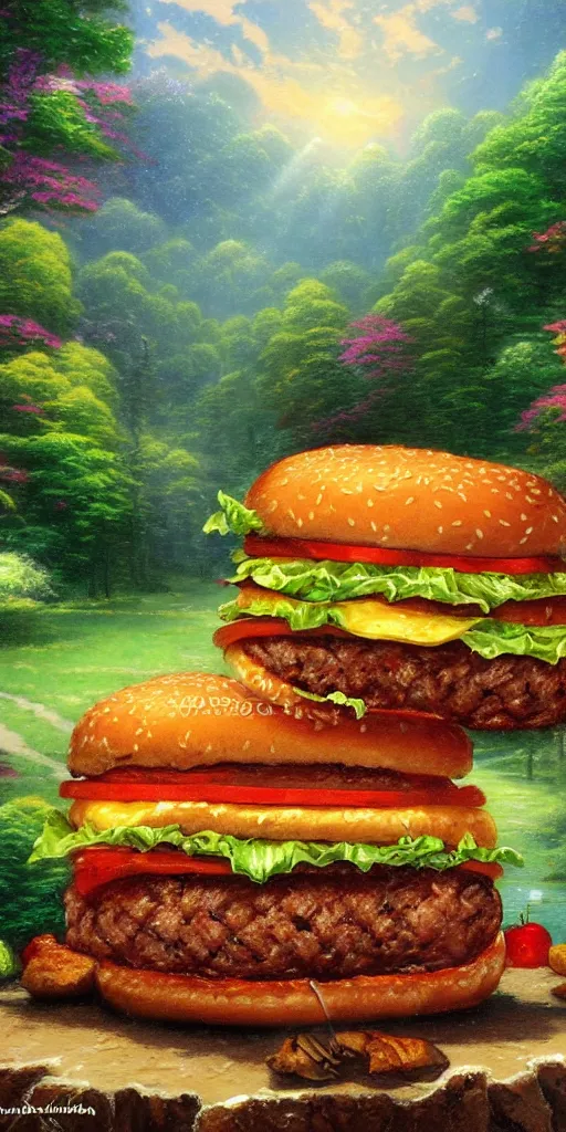 Prompt: a huge burger in the nature in the style of thomas kinkade