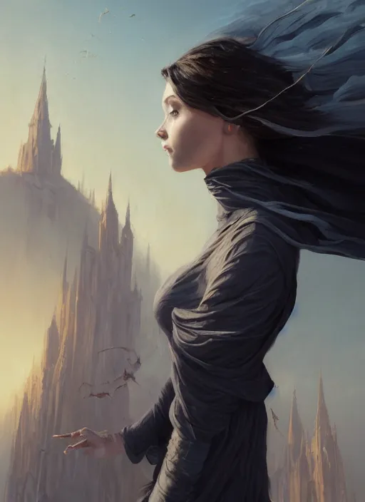 Prompt: very very detailed portrait of lady vin 8 7 7 8 8 from mistborn ascending to sky from behind, wearing black tight clothing, waving the shredded in strips cloak, medieval town landscape, detailed face, trending on artstation by greg rutkowski loish rhads ferdinand knab