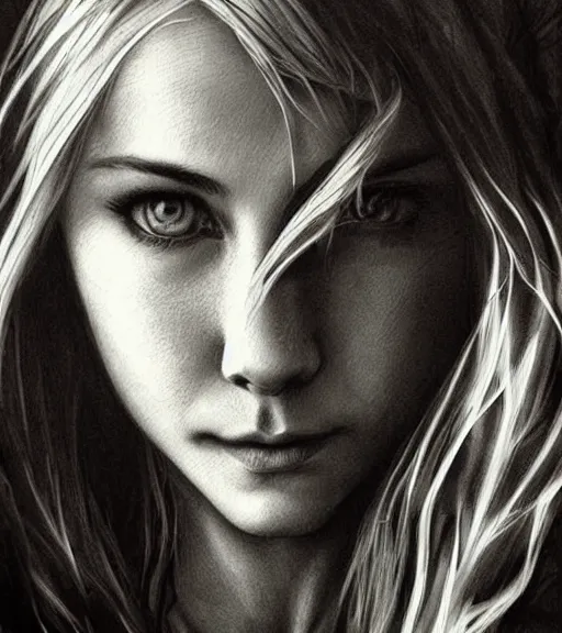 Prompt: aniston, beautiful piercing eyes, realistic face, black and white drawing, in the style of greg rutkowski, fantasy, amazing detail, epic, intricate, elegant, smooth, sharp focus