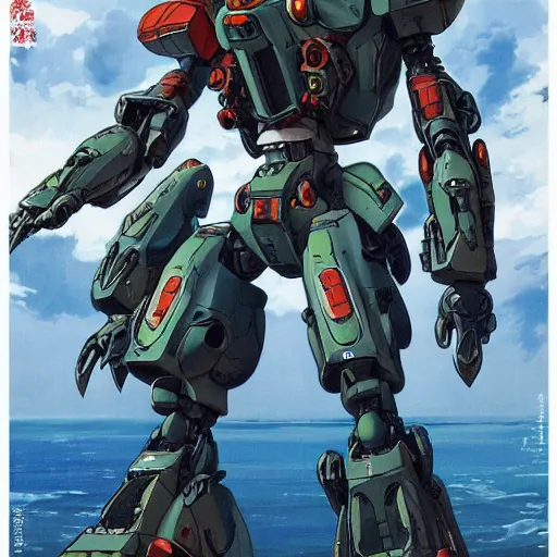 Image similar to amphibious power suit mecha. mobile combat suit artillery rococo robot, evangelion, super robot, detailed illustration, concept art, smooth, sharp focus, by tasuku karasuma, gaston bussiere, katsuya terada, beeple, bandai macross box art, canon eos