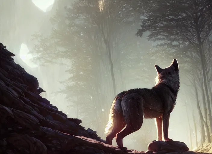 Image similar to highly detailed vanishing wolf - point of eyes, in gta v, stephen bliss, unreal engine, fantasy art by greg rutkowski, loish, rhads, ferdinand knab, makoto shinkai and lois van baarle, ilya kuvshinov, rossdraws, tom bagshaw, global illumination, radiant light, detailed and intricate environment