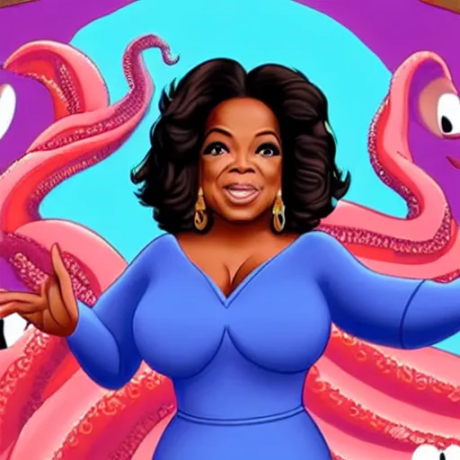 Image similar to oprah winfrey as a giant octopus villain, disney cartoon