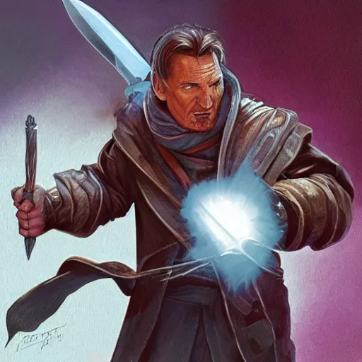 Image similar to Liam Neeson as Burl Gage, Antimage, wielding a dagger, iconic Character illustration by Wayne Reynolds for Paizo Pathfinder RPG