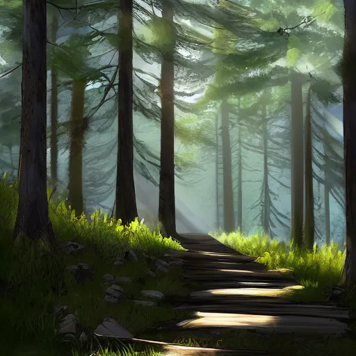 Image similar to a path, leading downhill into a forest, daytime, sunny, artstation
