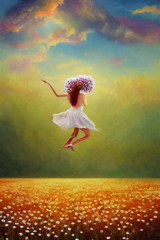 Image similar to exploding white daisy flower as head, girl dancing in a flower field, surreal photography, sunrise, dramatic light, impressionist painting, colorful clouds, digital painting, artstation, simon stalenhag