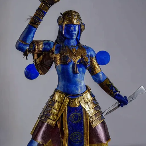 Prompt: photo of a female warrior with lapis lazuli armour and weapons