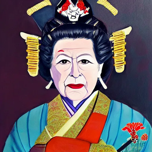 Image similar to a beautiful painting of old queen elizabeth ii dressed as japanese samurai with katana, realistic, portrait, full body, hd, 8 k, 4 k,