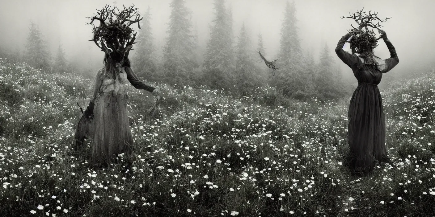 Prompt: alpine female farmers head being overgrown by edelweiss and roots, antlers on head, much fog, levitating witches, magic, roots, dolomites dark black and white vintage photography by dennis villeneuve, cinestill eerie despair portrait photography artstation digital art adward winning