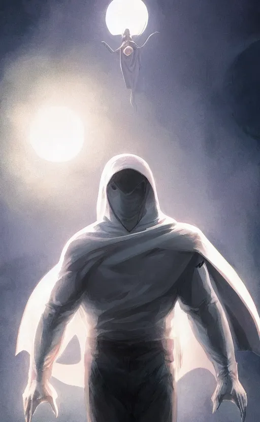 Prompt: Moon Knight, highly detailed, digital painting, artstation, facing camera, concept art, smooth, sharp focus, illustration, art by artgerm and greg rutkowski, high definition digital art, dramatic lighting, in the style of ilya kuvshinov and Ross tran