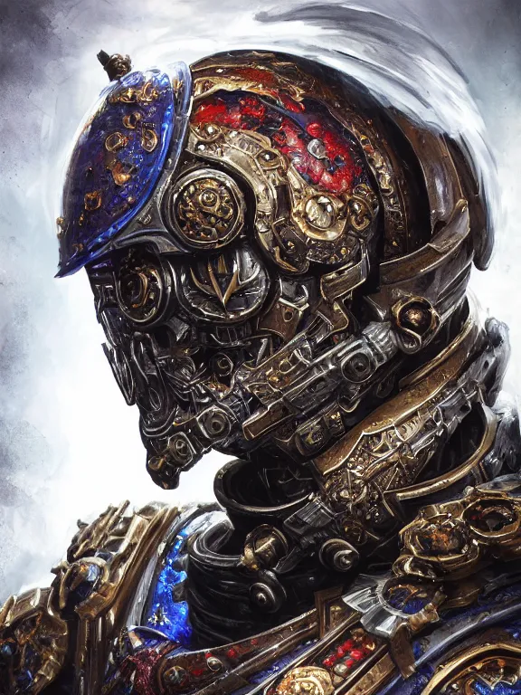 Prompt: portrait art of 8k ultra realistic undead space marine king , ornate intricate smashed galaxy helmet , detailed intricate ornate armour,blade runner, cybernetic, full of colour, cinematic lighting, battered, trending on artstation, 4k, hyperrealistic, focused, extreme details,unreal engine 5, cinematic, masterpiece, art by ayami kojima, giger