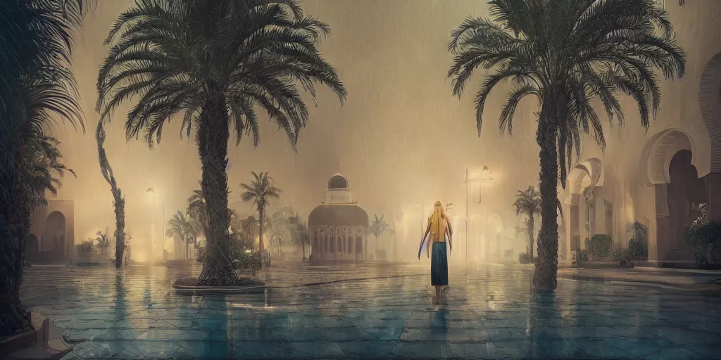 Prompt: thunderstorm in marrakech, palm trees, moroccan mosque, wlop, james jean, tom bagshaw, rococo, trending on artstation, fantasy, intricate, elegant, highly detailed, digital painting, concept art, smooth, illustration, cinematic lighting, hyper realism, octane render, 8 k, hyper detailed.