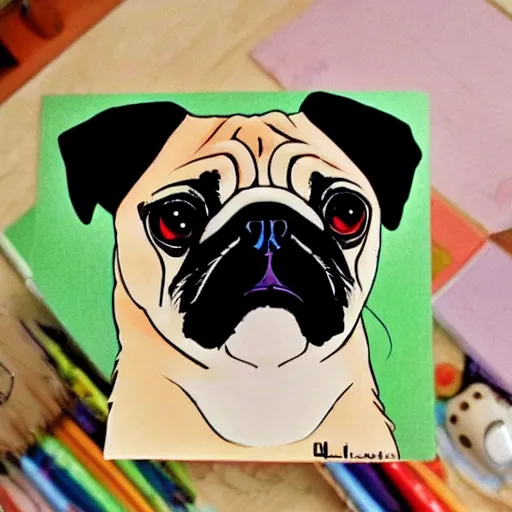 Image similar to Pug birthday in the style of studio Ghibli