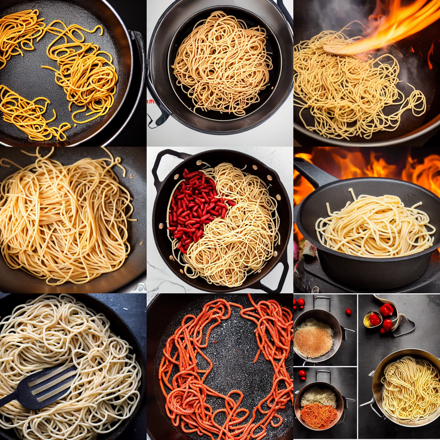 Prompt: dry spaguetti on fire on a cooking pot, high quality, studio lighting, 8k, sigma 85mm, detailed