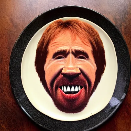 Prompt: chuck roast norris, food photo of chuck norris face made of chuck roast