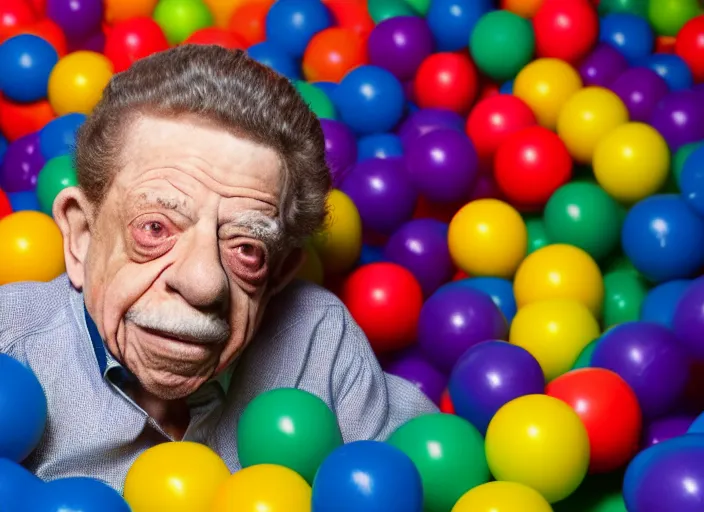 Image similar to photo still of jerry stiller in a ball pit!!!!!!!! at age 4 6 years old 4 6 years of age!!!!!!!! hiding from parents, 8 k, 8 5 mm f 1. 8, studio lighting, rim light, right side key light