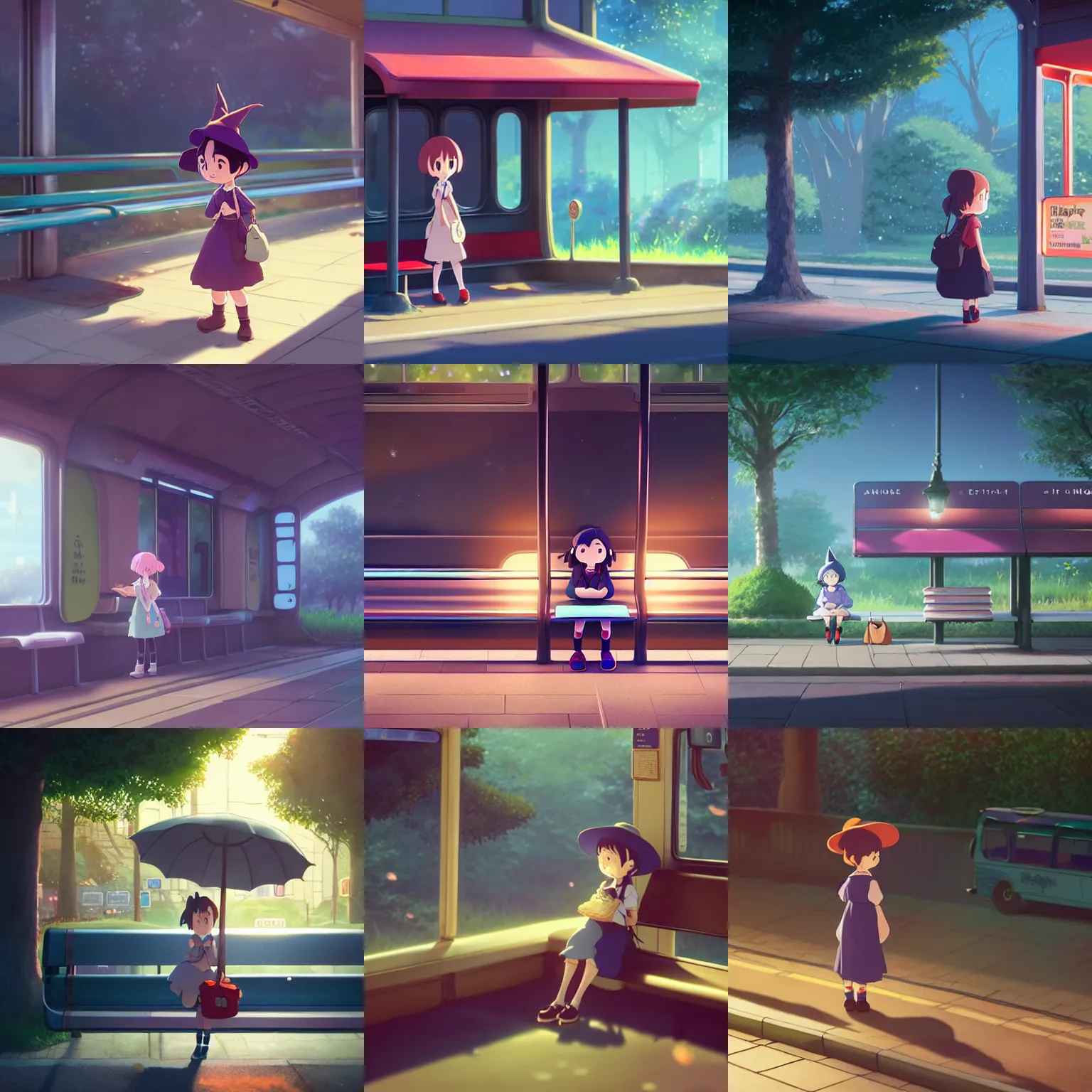 Prompt: a wholesome animation key shot of a littlewitch in a bus stop waiting for a bus, medium shot, studio ghibli, pixar and disney animation, sharp, rendered in unreal engine 5, anime key art by greg rutkowski, bloom, dramatic lighting