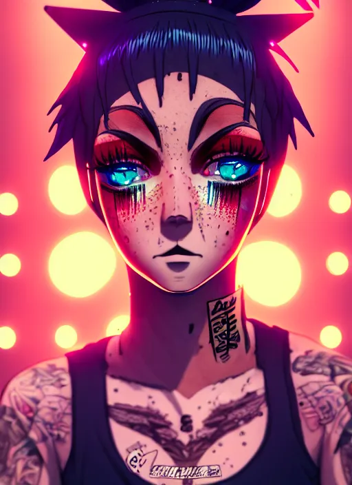 Prompt: a streetwear anime style mixed woman wearing thick mascara, crying, a city on fire in the background, police lights shine on her face, tattoos, dark glitter, Cinestill 50d, 4k, 8k, hd, full color, octane render, trending on artstation, highly detailed