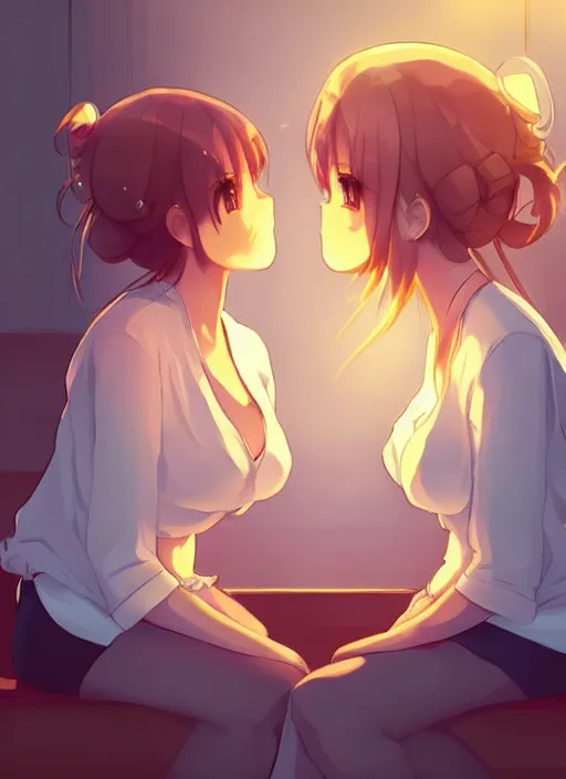 Prompt: two beautiful mothers sitting by a fan on a hot summer evening, gorgeous faces, thick lines, cinematic lighting, detailed anime art