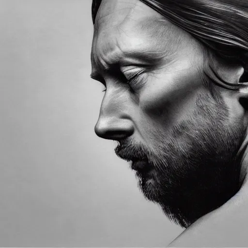 Prompt: hyper realistic, variations portrait of smooth very old thom yorke variations, strong variations, singer songwriter, ( side ) profile, liminal space, by lee bermejo, alphonse mucha and greg rutkowski, greybeard, smooth face