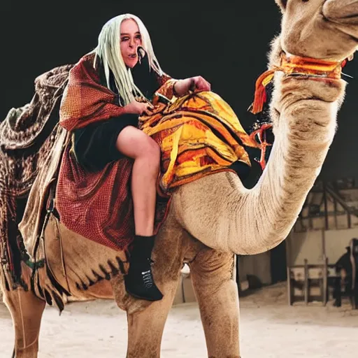 Image similar to close up shot of billie eilish riding a camel