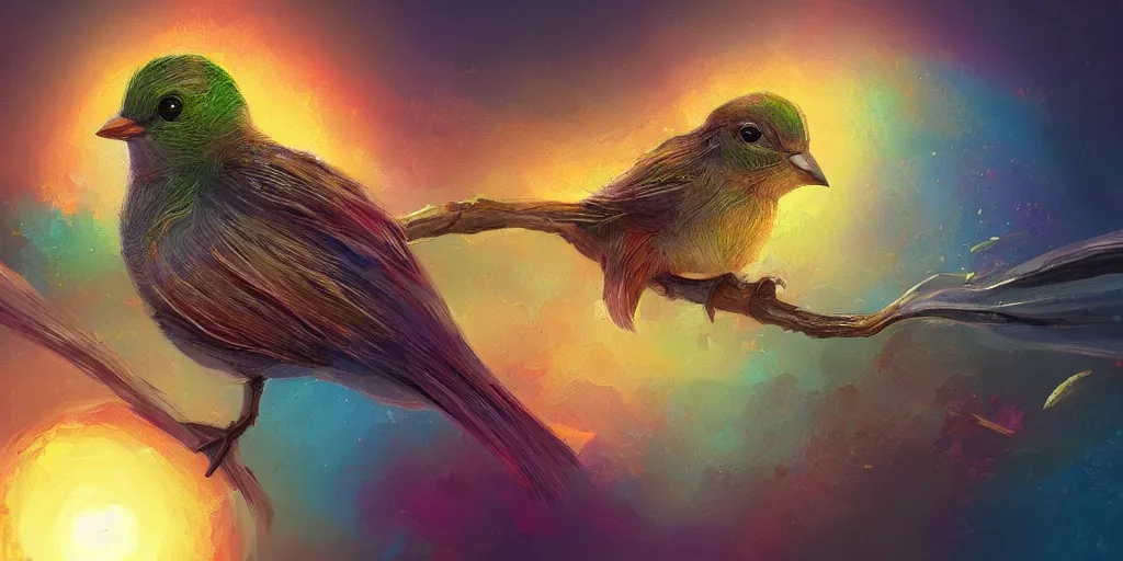 Image similar to baby bird, sunrise, pot of gold, rainbow, sci-fi, fantasy, intricate, very very beautiful, elegant, highly detailed, digital painting, artstation, concept art, smooth, sharp focus, illustration