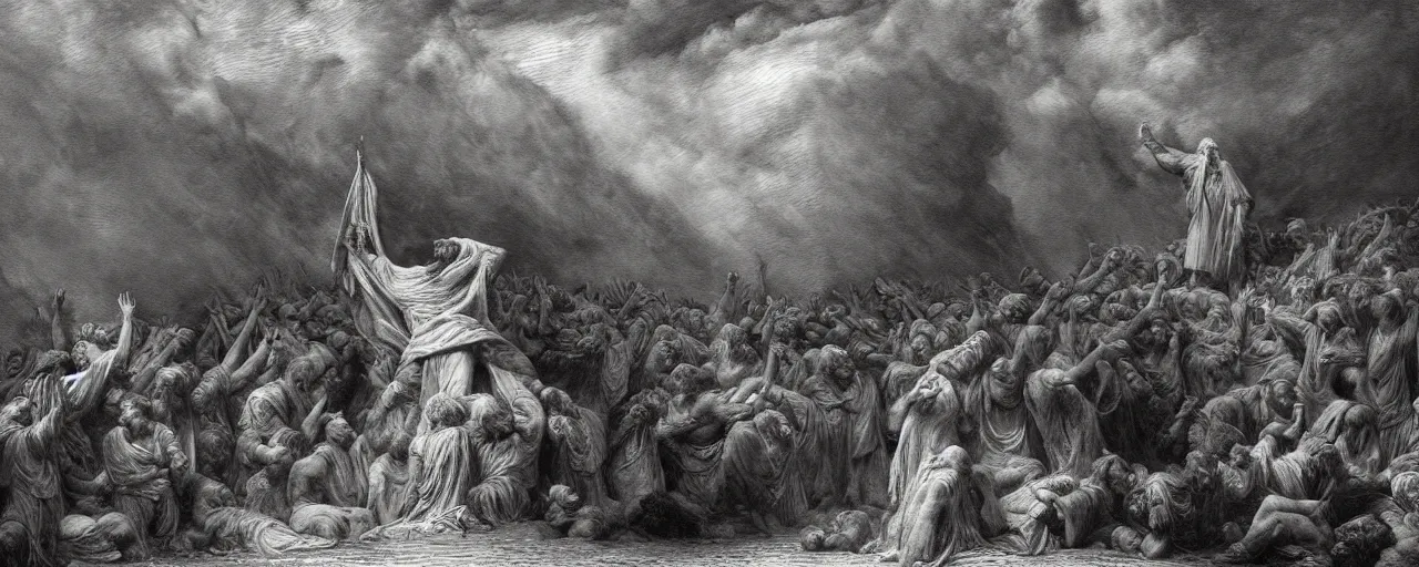 Image similar to moses holding up in the air the ten commandments stone tablets, photorealistic, highly detailed, texture, soft light, dramatic, moody, ambient, painting by gustave dore