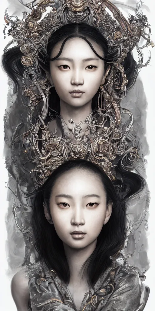 Prompt: the portrait of an absurdly beautiful, graceful, elegant, sophisticated, fashionable young asian girl with third eye in the middle of her forehead, an ultrafine hyperdetailed illustration by kim jung gi, irakli nadar, intricate linework, bright colors, final fantasy, unreal engine 5 highly rendered, global illumination, radiant light, detailed and intricate environment tubes and cables