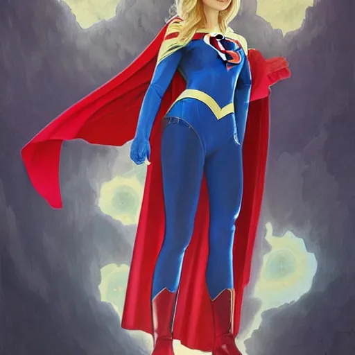Prompt: Erin Moriarty as SuperGirl, highly detailed, digital painting, artstation, concept art, smooth, sharp focus, illustration, ArtStation, art by artgerm and greg rutkowski and alphonse mucha and J. C. Leyendecker and Edmund Blair Leighton and Katsuhiro Otomo and Geof Darrow and Phil hale and Ashley wood and Ilya repin and Charlie Bowater