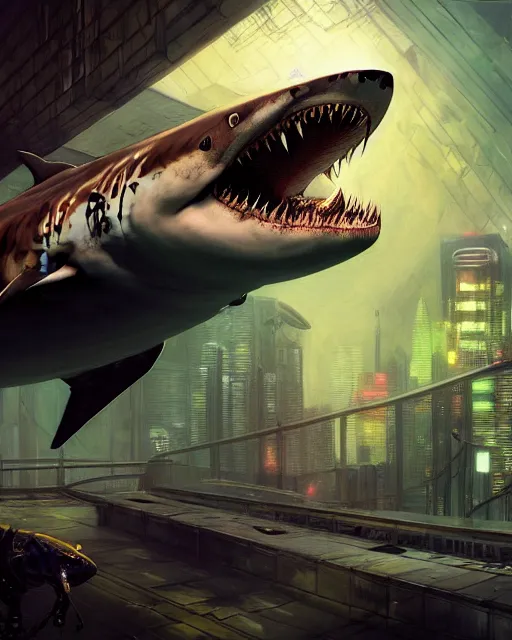 Prompt: a portrait of an anthropomorphic cyberpunk tiger shark, by jon foster, detailed render, epic composition, cybernetics, 4 k realistic, fender stratocaster, cryengine, realistic shaded lighting, sharp focus, masterpiece, by enki bilal