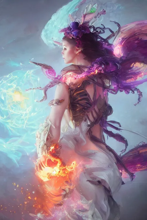 Prompt: beautiful girl necromancer, magical fairy exploding into flowers, angels, 3 d render, hyper - realistic detailed portrait, holding fire and electricity rainbow, ruan jia, wlop. scifi, fantasy, magic the gathering, hyper detailed, octane render, concept art, peter mohrbacher