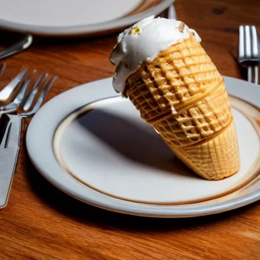 Image similar to photograph of a formal presentation of an ice cream cone on a plate with grotesque silverware in a fancy avant-garde restaurant